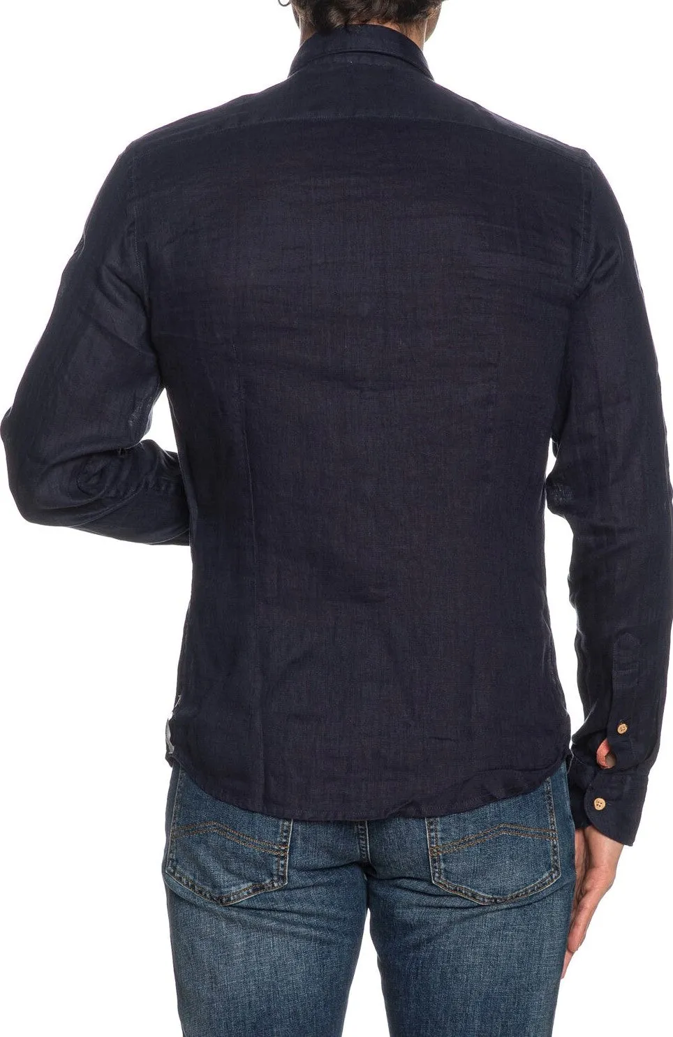 Yes Zee camicia manica lunga in lino con collo francese blu